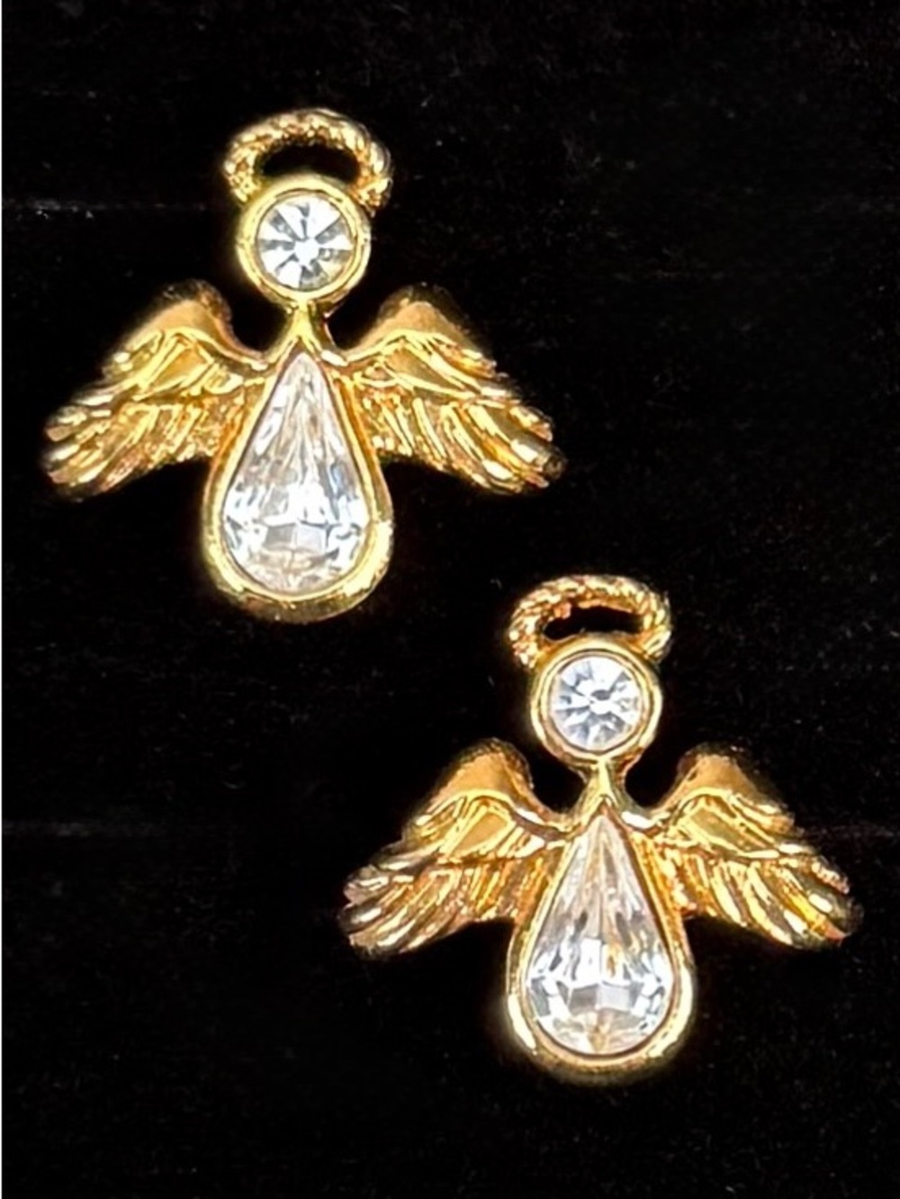 Vintage age, goldtone, clear bling angel pierced earrings